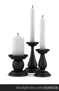 three black candlesticks with candles isolated on white background