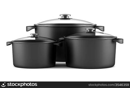 three black cooking pans isolated on white background