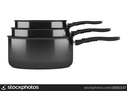 three black cooking pots isolated on white background