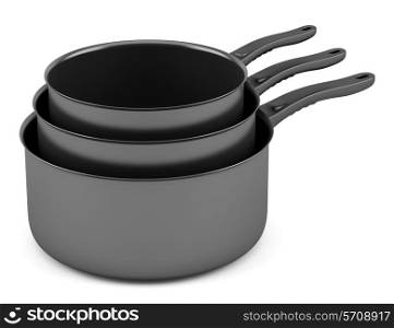three black cooking pots isolated on white background