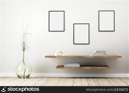 Three black frame standing on rustic wooden shelf, pastel colored books, dried plant into a glass jug on floor, in bright interior living-room.3d illustration