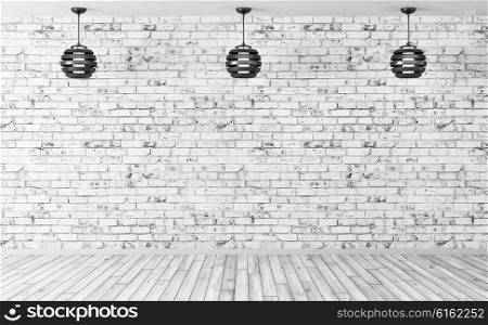 Three black lamps over grunge brick wall, room interior background 3d render