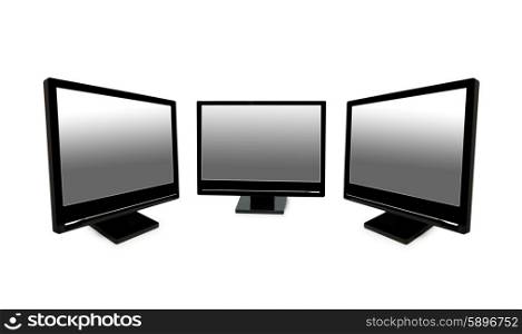 Three black lcd monitors isolated on the white