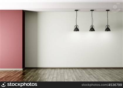 Three black metal lamps in empty room interior background 3d rendering
