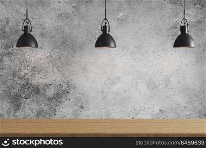 three black pendant light above wooden surface on gray concrete wall background, ceiling lights, 3d rendering