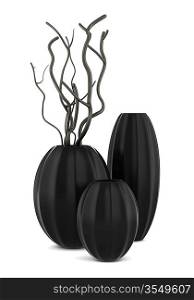 three black vases with dry wood isolated on white background