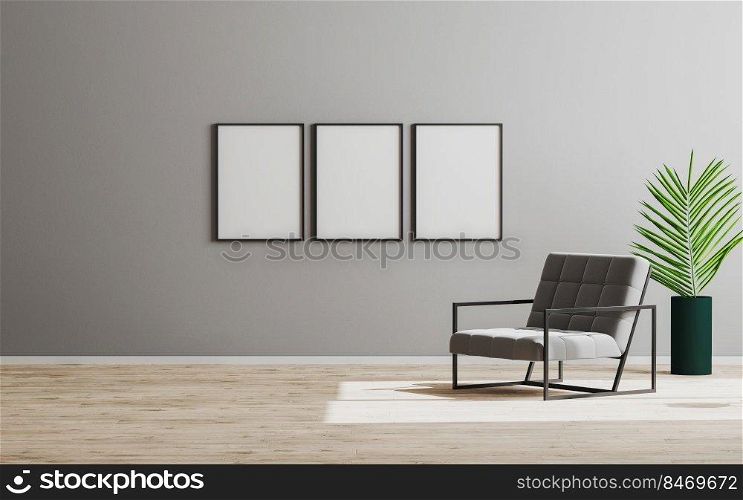 Three blank empty vertical frame mock up in empty room with gray armchair and green plant, empty gray wall and wooden floor, gray room interior background, scandinavian style, 3d render
