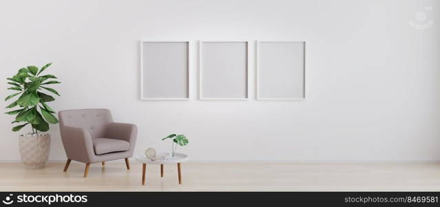 three blank poster frame in bright room with white wall and moderm furniture in scandinavian style for mockup. Living room for mockup. 3d rendering