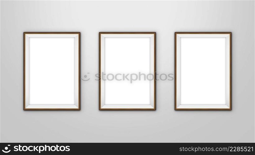 Three blank poster on wall. Gallery, art, exhibit and museum concept. Mock up, 3D Rendering. With clipping path