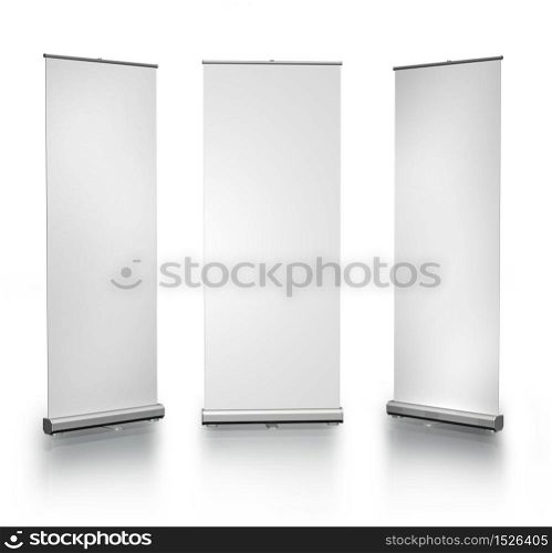 Three blank roll-up posters on white background. Blank roll-up posters