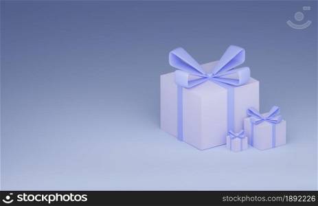 Three blue gift boxes. Isolated on a blue background. Located on the right side. There is room for text. copy space. 3D rendering.