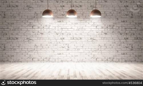 Three brass lamps over grunge brick wall room interior background 3d render