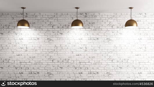 Three brass lamps over grunge brick wall room interior background 3d render