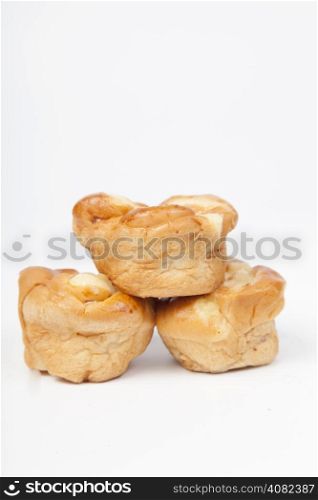 Three bread slices isolated on white background. Breads are stacked together.