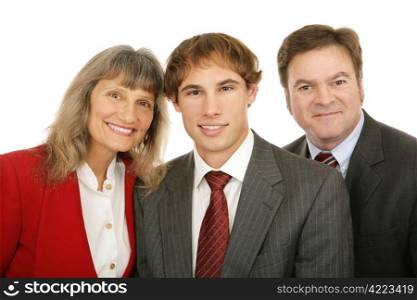 Three business people of diverse age and gender. Isolated on white.