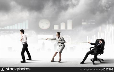 Three business people pulling rope. Image of three businesspeople with rope against diagram background