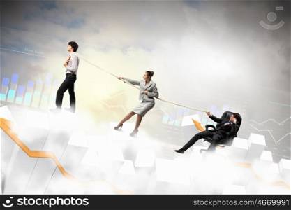 Three business people pulling rope. Image of three businesspeople with rope against diagram background