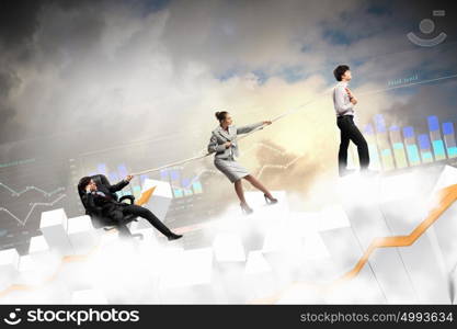 Three business people pulling rope. Image of three businesspeople with rope against diagram background