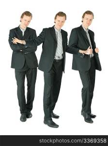 Three businessmen in suit standing on white background, collage