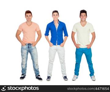 Three casual and young men isolated on a white background