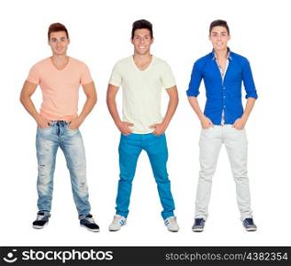 Three casual young men isolated on a white background