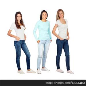 Three casual young women isolated on a white background