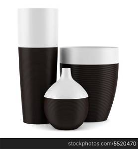 three ceramic vases isolated on white background