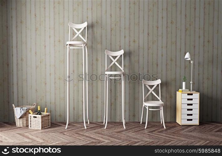 three chairs in the room. 3d concept