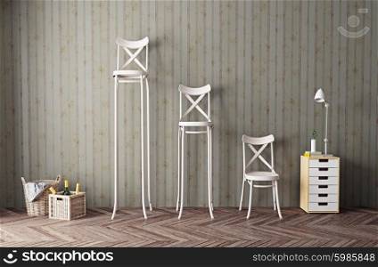 three chairs in the room. 3d concept