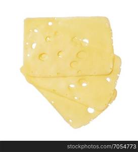 Three cheese slices with holes isolated on white background. Top view