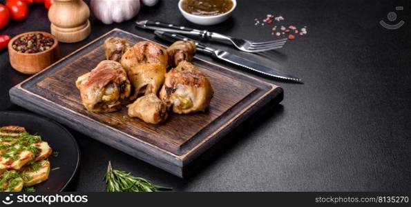Three chicken legs grilled with spices and herbs on a wooden cutting board against a dark concrete background. Cooking at home. Three chicken legs grilled with spices and herbs on a wooden cutting board