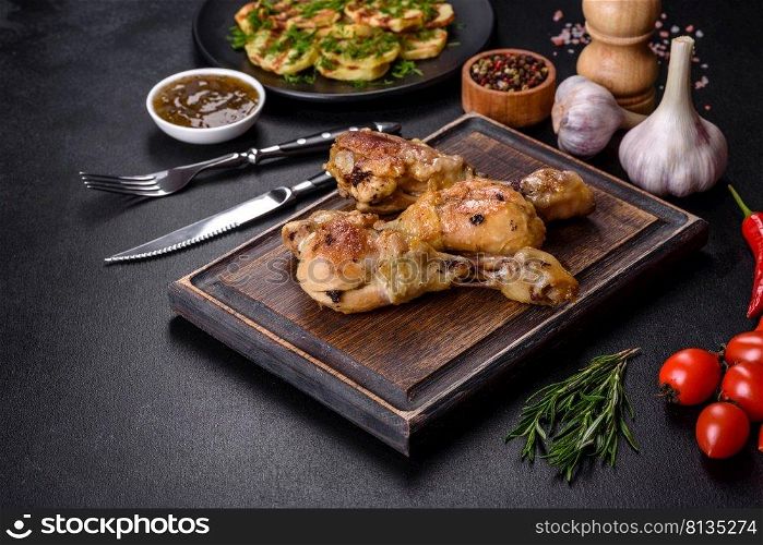 Three chicken legs grilled with spices and herbs on a wooden cutting board against a dark concrete background. Cooking at home. Three chicken legs grilled with spices and herbs on a wooden cutting board
