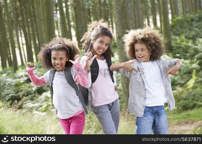 Three Children Exploring Woods Together