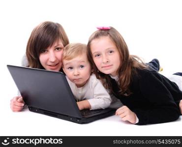 Three children play with laptop, isolated on white