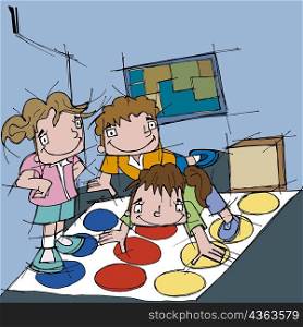 Three children playing connect the dots