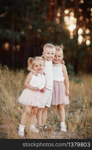 three children playing in the field in summer. young children playing outdoors smiling. happy family. carefree childhood.. three children playing in the field in summer. young children playing outdoors smiling. happy family. carefree childhood