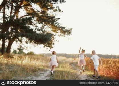 three children playing in the field in summer. young children playing outdoors smiling. happy family. carefree childhood.. three children playing in the field in summer. young children playing outdoors smiling. happy family. carefree childhood
