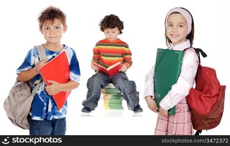 three children students a over white background