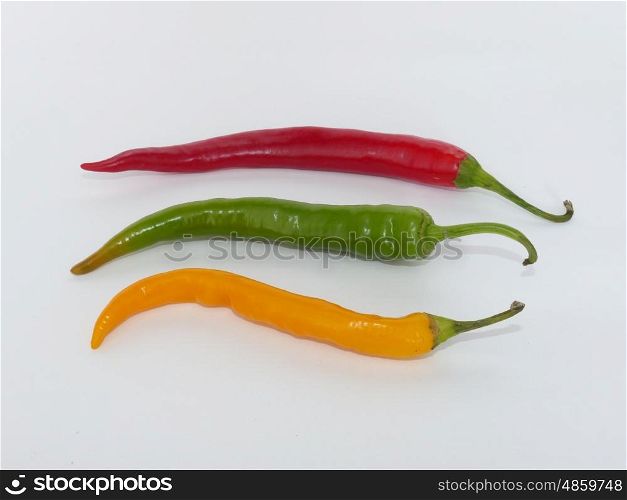 Three chili peppers on white the background. Three chili peppers on white the background.