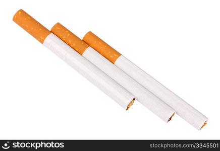 Three cigarettes with filter. Isolated on white background. Studio photography.