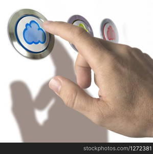 Three clouds buttons over white background with man hand and finger pressing the first one. Conceptual image for cloud computing illustration. . Cloud Computing