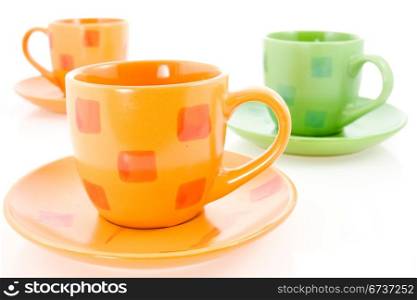 three coffee cups over a white background