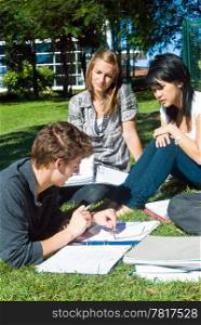 Three college students reviewing their notes in the park on a sunny day