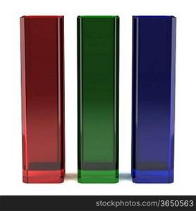 three color glass vases isolated on white background
