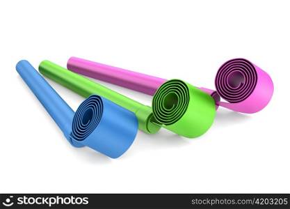 three color party whistles isolated on white background