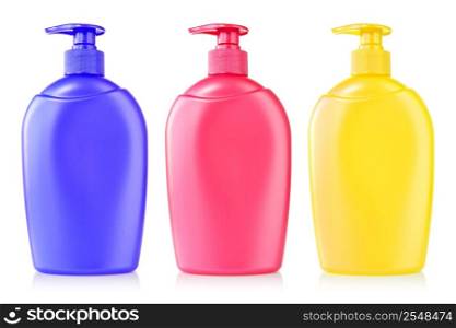 three color plastic bottles with liquid soap