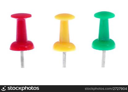 Three colored pins isolated on white background