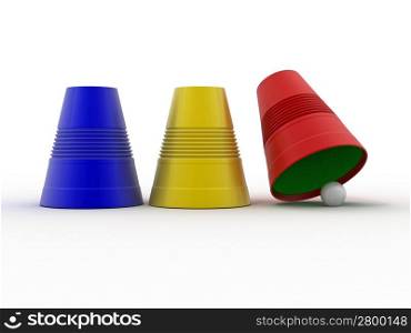 Three colored plastic cups with sphere. Right choice. 3d