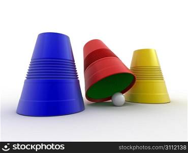 Three colored plastic cups with sphere. Right choice. 3d
