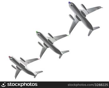 three colored RGB airplanes. 3d